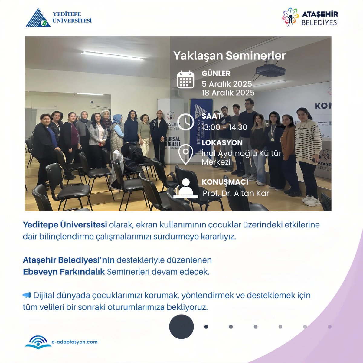 📱 Çocuklarda Ekran Kullanımı Üzerine Farkındalık Buluşmalarımız Sürüyor!
Yeditepe Üniversitesi olarak, yürüttüğümüz SETAP projesi kapsamında ebeveynlerle bir araya gelerek çocukların ekran süresi, dijital alışkanlıkları ve aile içi sağlıklı sınırlar üzerine konuşuyoruz.