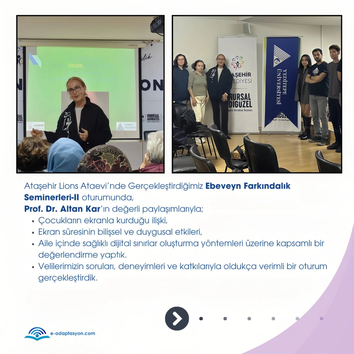 Eadaptasyon's tweet photo. 📱 Çocuklarda Ekran Kullanımı Üzerine Farkındalık Buluşmalarımız Sürüyor!
Yeditepe Üniversitesi olarak, yürüttüğümüz SETAP projesi kapsamında ebeveynlerle bir araya gelerek çocukların ekran süresi, dijital alışkanlıkları ve aile içi sağlıklı sınırlar üzerine konuşuyoruz. https://t.co/jDGuk5DMBz