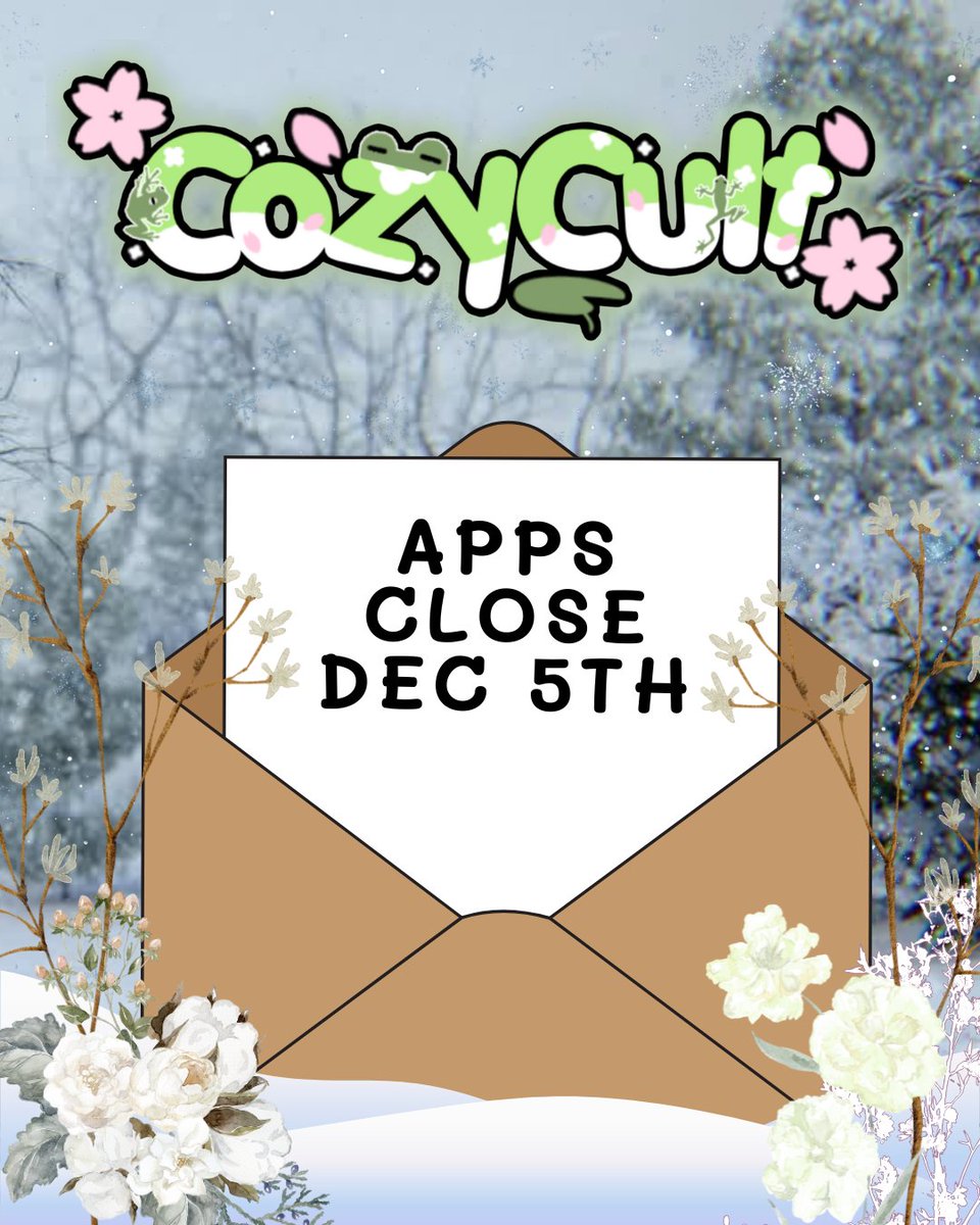 🌸✨CozyCult Application OPEN✨🌸

For 5 more days~ Apps officially close this Friday at midnight (EST)! So if you been holdin off applyin, get them in this week so you don't miss it! Applications will not be open for the foreseeable future! 

♥We want to focus on the cult ♥