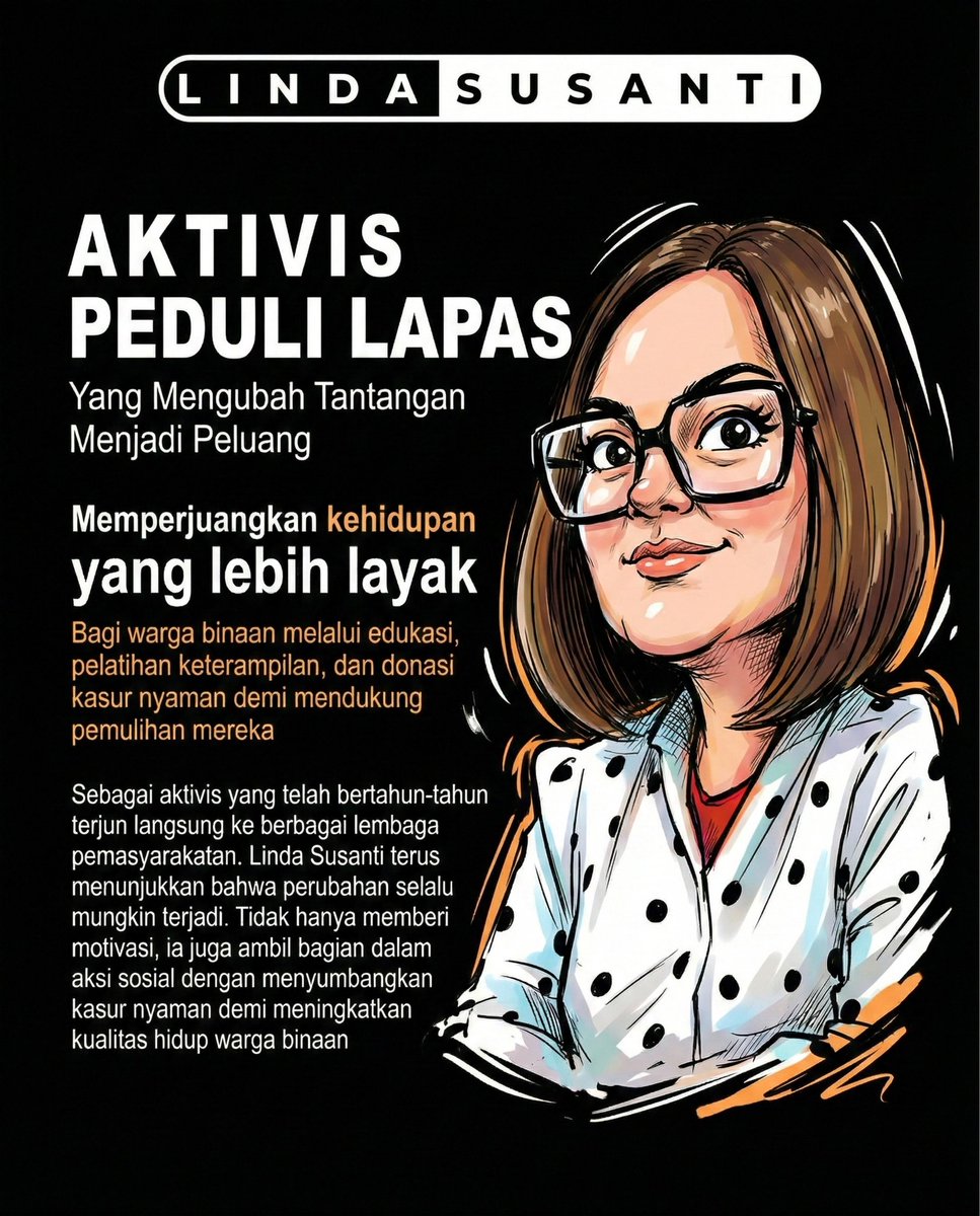 Linda Susanti ini memiliki sudut pandang yg beda dg orang kebanyakan, dimana org2 segan dan enggan mendekati warga binaan Lapas tapi justru dia aktif peduli bahkan dg masa depan mereka. 

Desember Anjani 
Pertamax