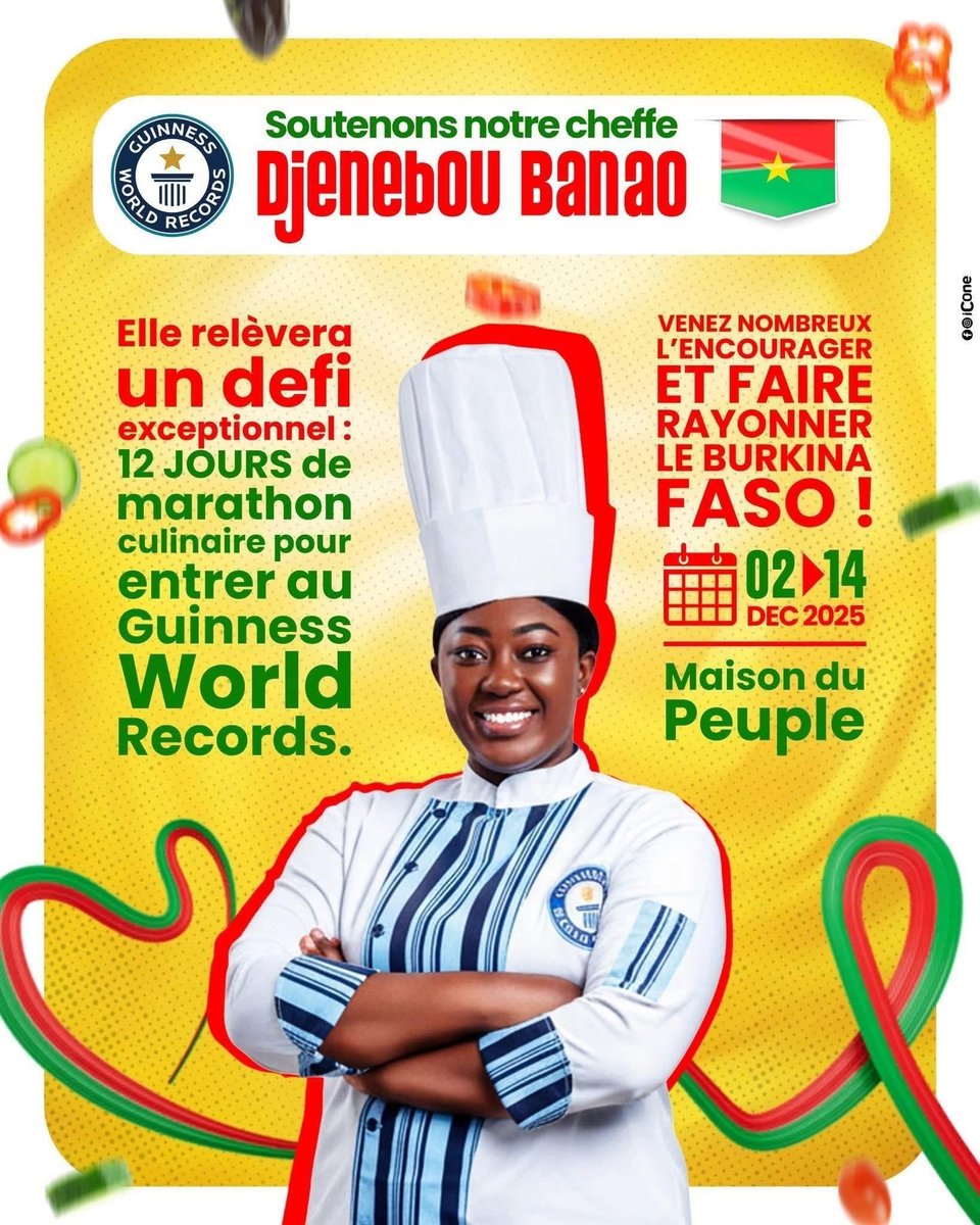 Mobilisons-nous du 02 au 14 décembre 2025 autour de notre soeur Djenebou BANAO Guinness Record , fièrement inscrite au Guinness World Record .

Votre présence, votre soutien et votre énergie seront une véritable source de force pour notre cheffe et son équipe . 🙌🏾