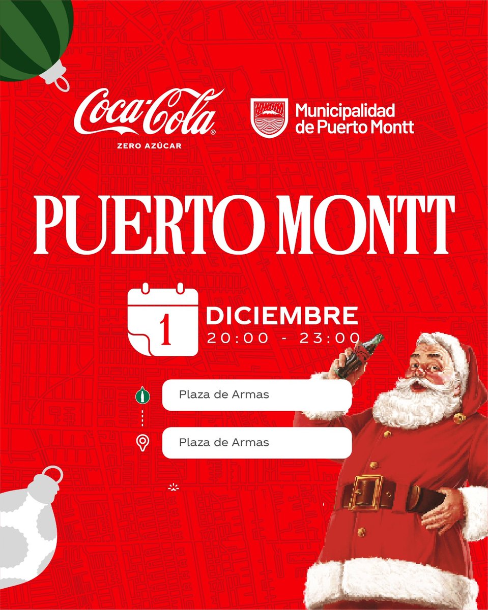 WAINRAIHGT's tweet photo. La Navidad la celebramos con todo. Luego de encender nuestro árbol ayer, hoy lunes desde las 20:00 horas, la gran Caravana Coca Cola empieza en #PuertoMontt. El recorrido parte en la Plaza de Armas y avanzará por la Costanera hasta la caleta Pichi Pelluco, para subir hasta Maratón y bajar por Egaña. Los invitamos a participar de esta gran fiesta.
