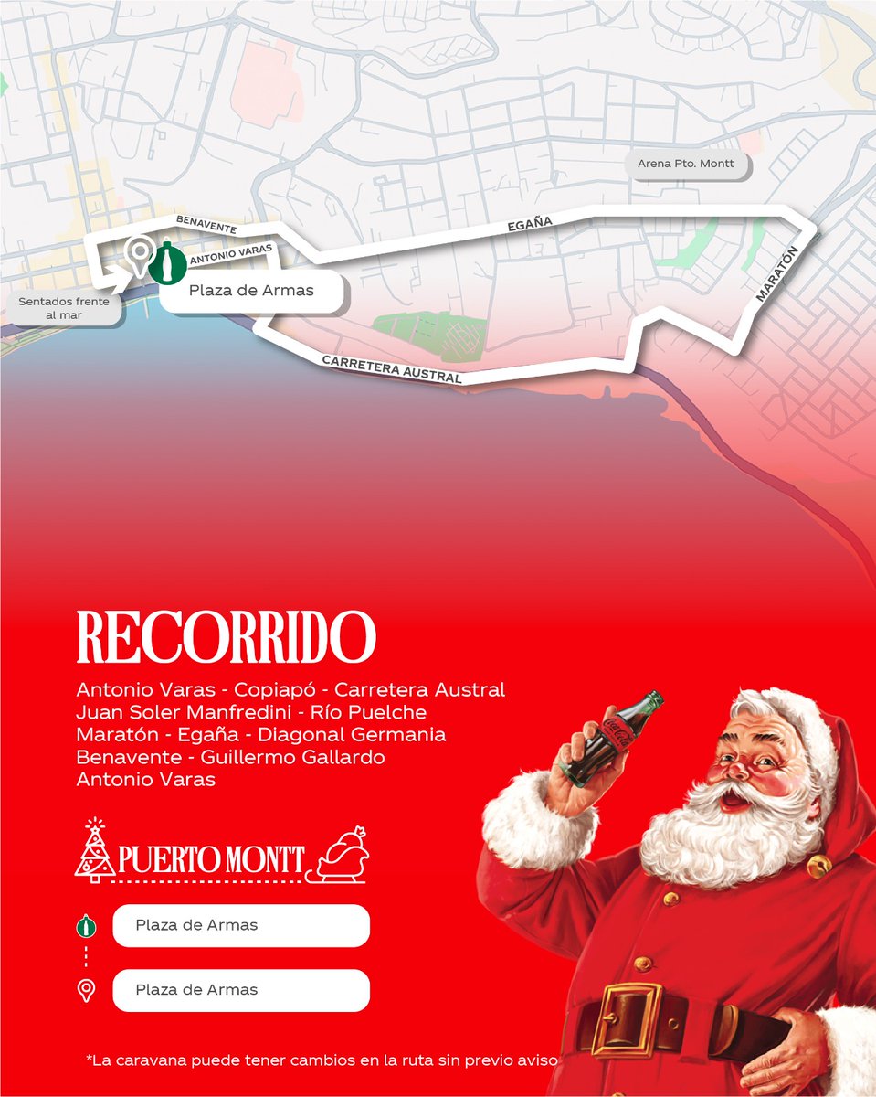 WAINRAIHGT's tweet photo. La Navidad la celebramos con todo. Luego de encender nuestro árbol ayer, hoy lunes desde las 20:00 horas, la gran Caravana Coca Cola empieza en #PuertoMontt. El recorrido parte en la Plaza de Armas y avanzará por la Costanera hasta la caleta Pichi Pelluco, para subir hasta Maratón y bajar por Egaña. Los invitamos a participar de esta gran fiesta.