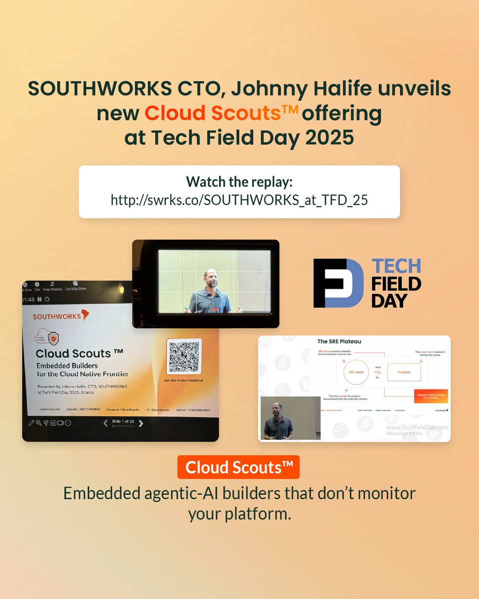 southworks's tweet image. [2/4] 🚀 Our CTO, @johnnyhalife, unveiled Cloud Scouts™ at @TechFieldDay — embedded agentic-AI builders designed to supercharge engineering teams.
 🎥Watch the session: swrks.co/SOUTHWORKS_at_…
#TFD #AgenticAI #CloudEngineering #AIBuilders