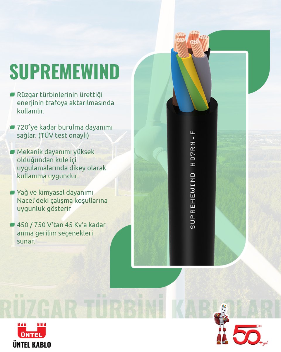 Rüzgar türbinlerinin ürettiği enerjinin trafoya aktarılmasında kullanılan Suprewind kabloları; mekanik dayanımı yüksek olduğundan kule içi uygulamalarında dikey olarak kullanıma uygundur. 

#rüzgar #rüzgartürbini #wind #rüzgarenerjisi #windenergy