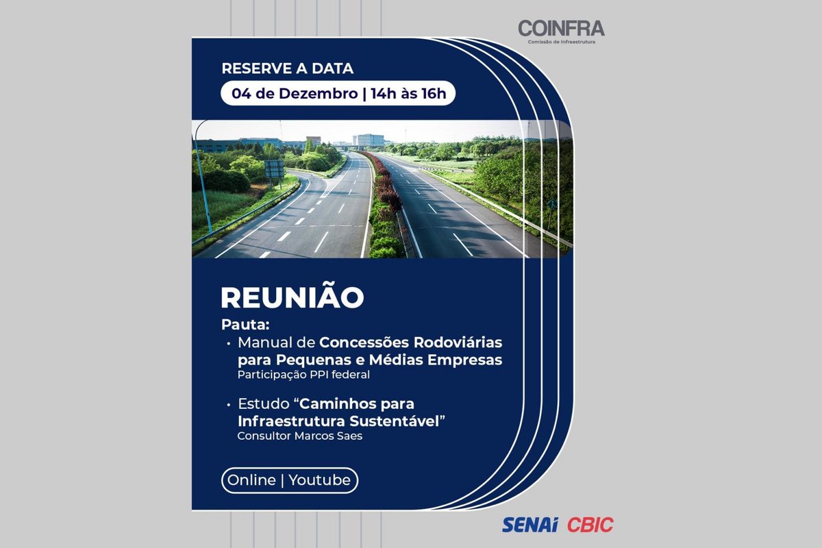 Dia 04/12, às 14h, lançamento de dois estudos desenvolvidos pela COINFRA em parceria com o SENAI:
- Manual de Concessões Rodoviárias para Pequenas e Médias Empresas
- Estudo “Caminhos para Infraestrutura Sustentável”
Inscrições: brasil.cbic.org.br/cbic-reuniao-d…