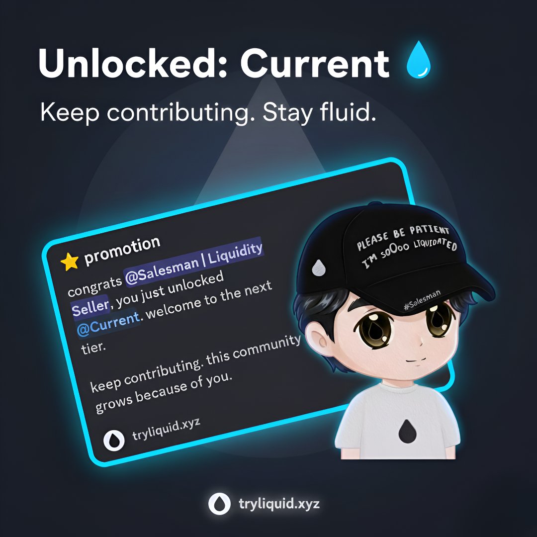 salesman_1k's tweet image. just unlocked the Current role at @liquidtrading today 💧
been here since day one vibing, learning, contributing bit by bit.
crazy how fast this community’s growing… and it’s all real people behind it.
grateful to be part of it. stay fluid, keep building.

big thanks to…