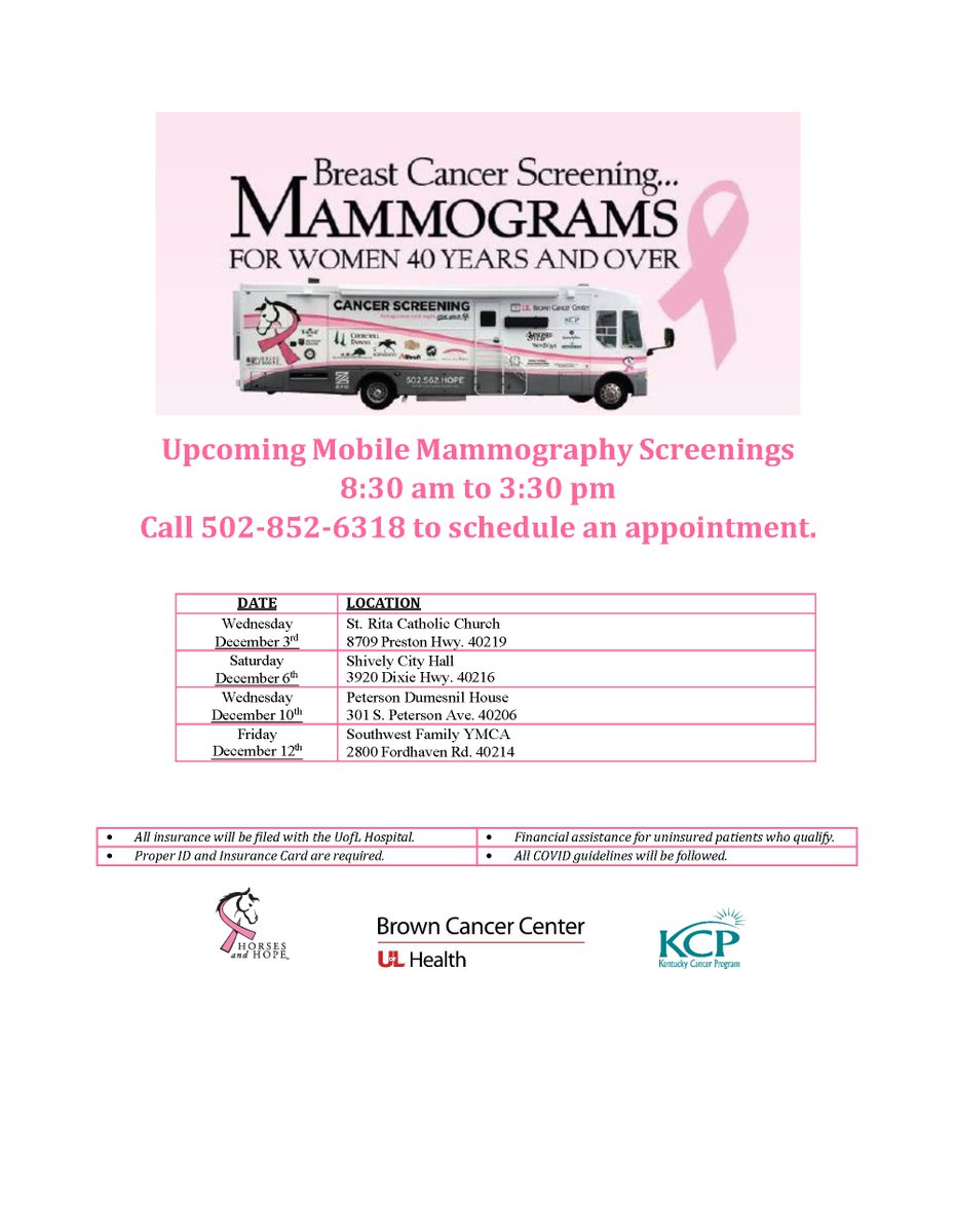 KyCancerProgram's tweet image. Mobile Mammogram Screening Schedule
December 2025

Call 502-852-6318 to schedule an appointment.