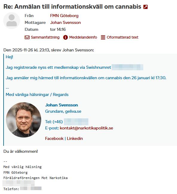 SnilletJohan's tweet image. Den 26 januari 2026 deltar jag i publiken då RNS, FMN och lokal narkotikapolis föreläser om cannabis skadeverkan, ungdomar och föräldrastöd.

Med lite tur slänger de inte ut mig innan det börjar.