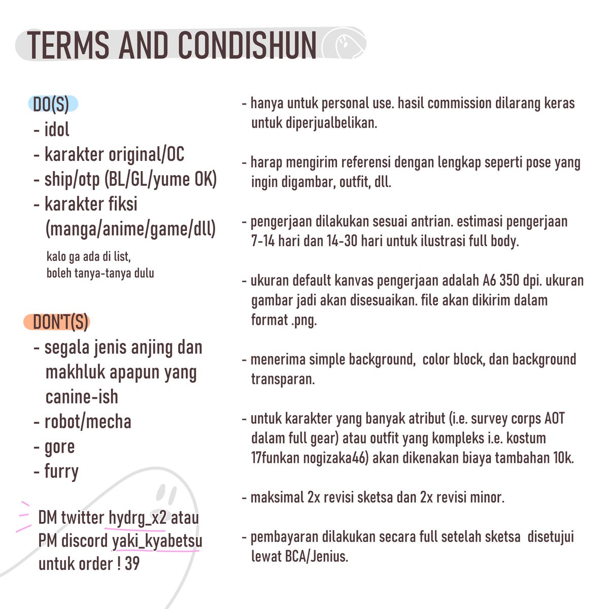 hydrg_x2's tweet photo. 【shares are appreciated!】
halo warga 🗣️
ini updated comsheet saya
saat ini sy buka sampe mid desember

menerima max. 2 orders at a time, availability akan diupdate di reply

gambar sy yg lain bisa cek di @tqs_ursa

gas dm/pm discord jika berminat
terima kasih!
#opencommission https://t.co/ypjPt5CHCS