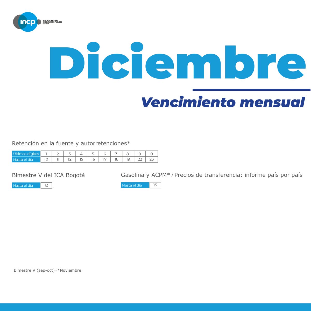 📅 ¡Atención contadores y contribuyentes!

Ya está disponible el calendario de vencimientos tributarios para diciembre🧾🔔

#CalendarioTributario #INCP #ContadoresColombia