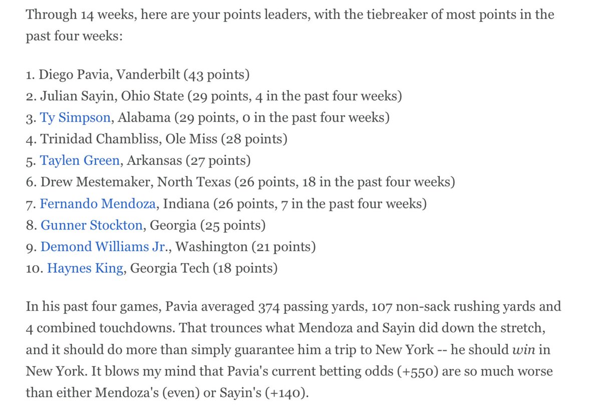 ESPN_BillC's tweet image. Since Nov. 1

Pavia: 4 gm, 92.2 Total QBR, 1,494 pass yds (12-3 TD-INT), 427 non-sack rush yds (4 TD)

Sayin: 5 gm, 94.1 Total QBR, 1,193 pass yds (11-2), 33 rush yds

Mendoza: 4 gm, 86.4 Total QBR, 835 pass yds (8-2), 101 rush yds (3 TD)

No idea how Pavia isn't the favorite.