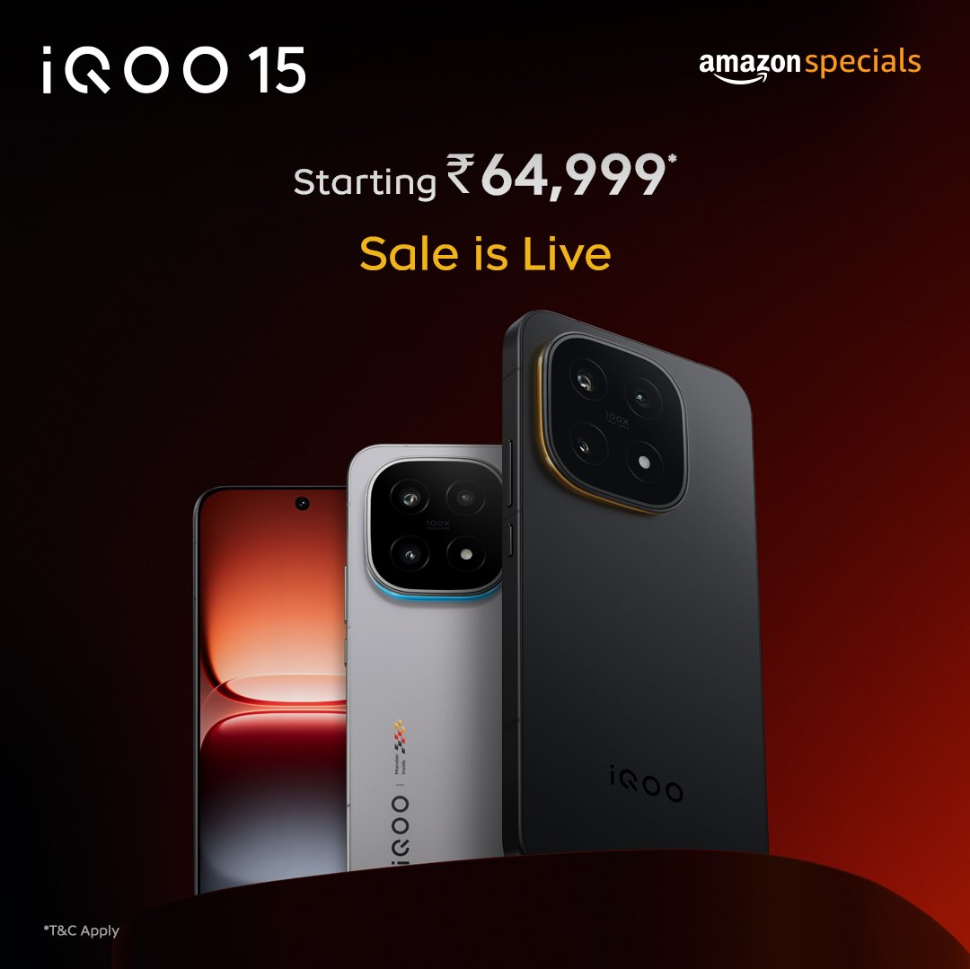 IqooInd's tweet image. The wait is over. The iQOO 15 sale is now LIVE.

Performance lovers, this is your moment to get the GOAT!

Tap in, grab your offer, and experience the power everyone&apos;s been talking about.

Grab yours starting at ₹64,999* with launch offers you can&apos;t miss. 

No Cost EMI from…