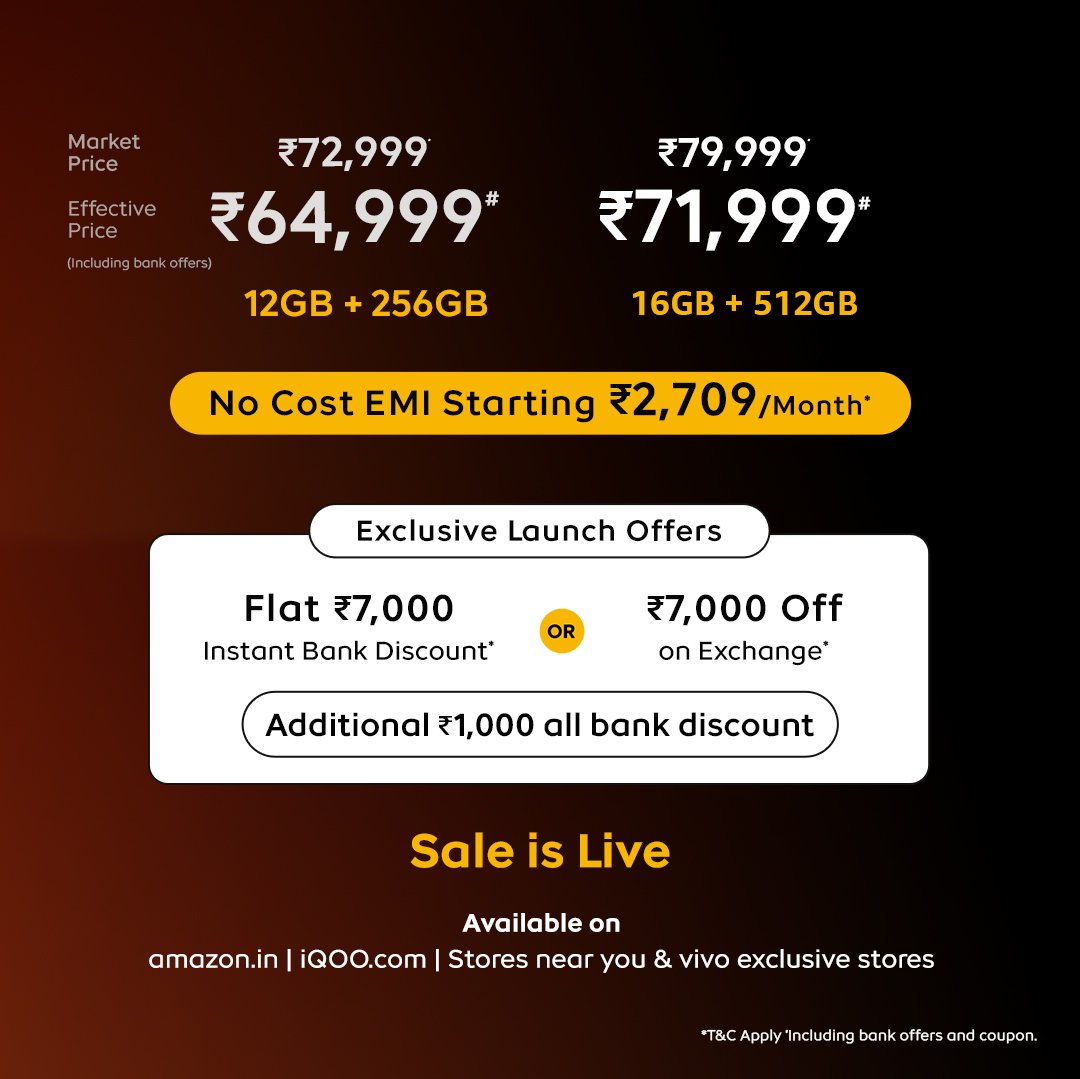 IqooInd's tweet image. The wait is over. The iQOO 15 sale is now LIVE.

Performance lovers, this is your moment to get the GOAT!

Tap in, grab your offer, and experience the power everyone&apos;s been talking about.

Grab yours starting at ₹64,999* with launch offers you can&apos;t miss. 

No Cost EMI from…