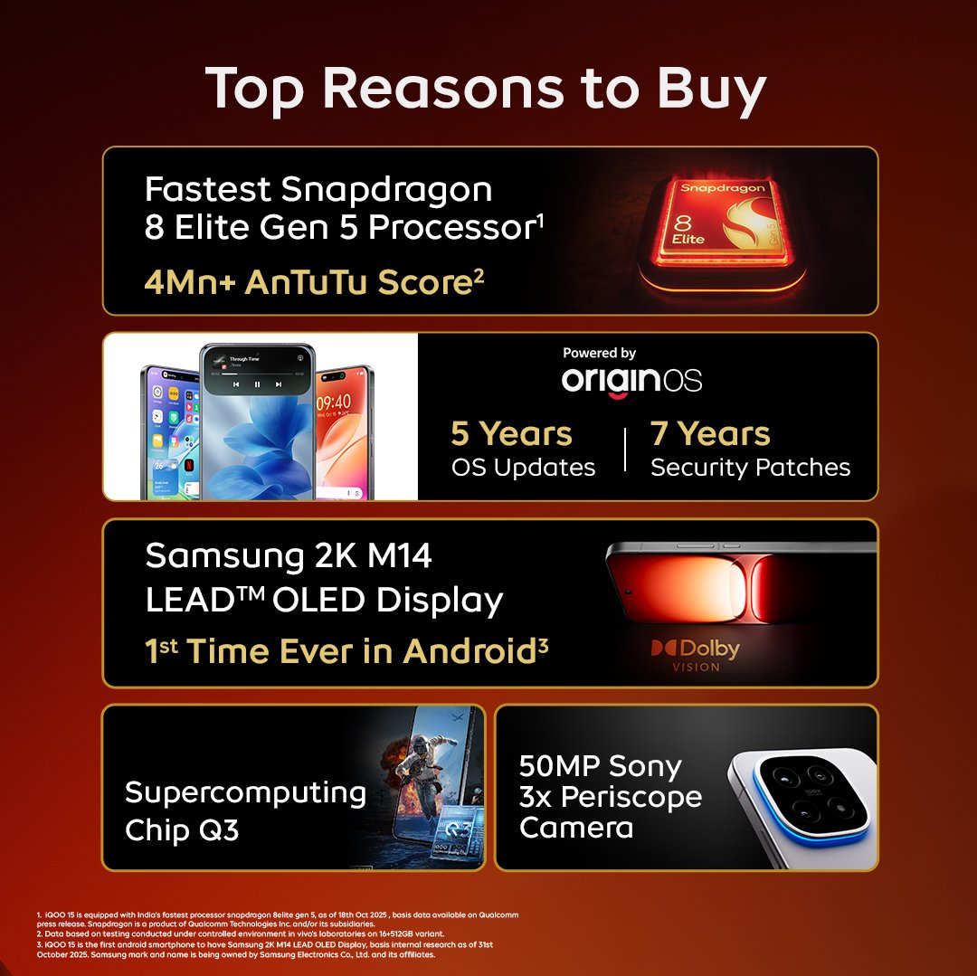 IqooInd's tweet image. The wait is over. The iQOO 15 sale is now LIVE.

Performance lovers, this is your moment to get the GOAT!

Tap in, grab your offer, and experience the power everyone&apos;s been talking about.

Grab yours starting at ₹64,999* with launch offers you can&apos;t miss. 

No Cost EMI from…