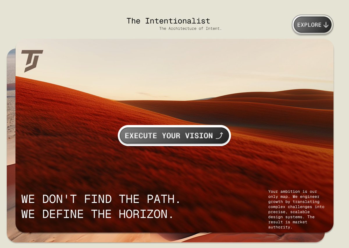 Rvoltedev's tweet image. I don’t believe in following the map. I built the new The Intentionalist hero concept around this principle: WE DEFINE THE HORIZON.

It’s now live, see how the ethos translates directly into the design architecture: mono-design-render.lovable.app

#CreativeDirection #DesignManifesto