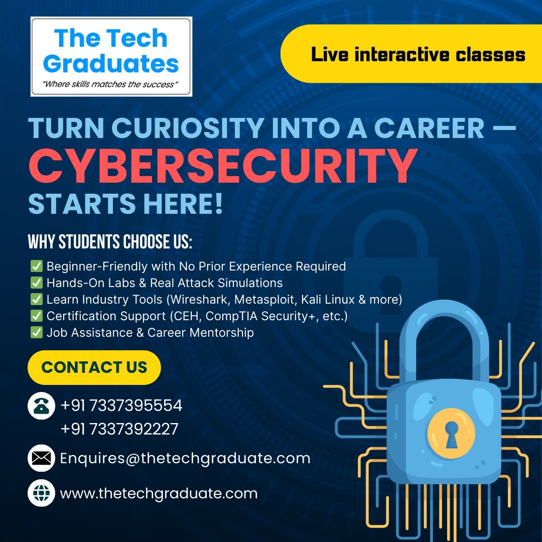 theTechGraduate's tweet photo. 🌐https://t.co/2l7i9u8HsI  Learn IT Skills &amp; Advance Your Career with TheTechGraduate!  Call: +91 7337395554✉️Enquires@thetechgraduate.com
Top Courses: Cloud Computing, Cybersecurity, Data Science, AI/ML &amp; more
New Batches Starting Soon
Upgrade Your Skills. Elevate Your Career! https://t.co/4Q31tnSUjs