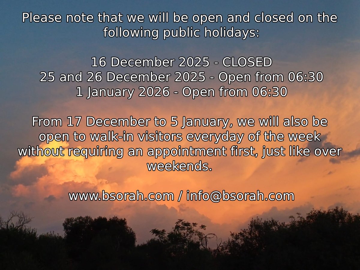 Please note that our trails will be open and closed on the following public holidays:
16 December 2025 - CLOSED
25 and 26 December 2025 - Open from 06:30
1 January 2026 - Open from 06:30