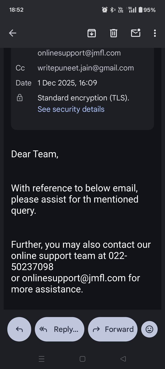 writepuneetjain's tweet photo. @JMFSLtd Attached is the Epic example of your exemplary client servicing where a mere formal internal communication is being sent almost 10 hours after raising the complaint in a market where every nanosecond matters a lot https://t.co/SSLWdv7Ab3