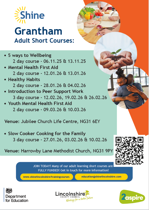 HAYLincolnshire's tweet image. 📢 FREE Adult Short Courses in Grantham!
Topics include 5 Ways to Wellbeing, Mental Health First Aid, Healthy Habits, Peer Support &amp;amp; Slow Cooker Cooking.

 🗓️Nov 2025–Feb 2026
📍 Jubilee Church &amp;amp; Harrowby Lane Methodist

See poster for details!

 #GranthamCourses #AdultLearning