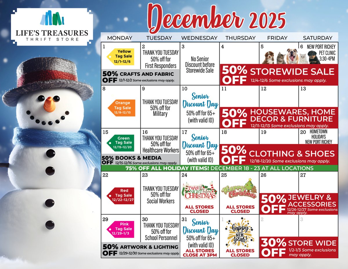 LT_Thrift's tweet image. Check out our December calendar for upcoming sales and discounts! ☃️🎁 You can also pick up a full color copy at any one of our 5 locations. 

Brandon❄️Carrollwood❄️New Port Richey❄️South Tampa❄️Zephyrhills

#thrifting #lifestreasuresthrift #thriftingcommunity #hospicethrift