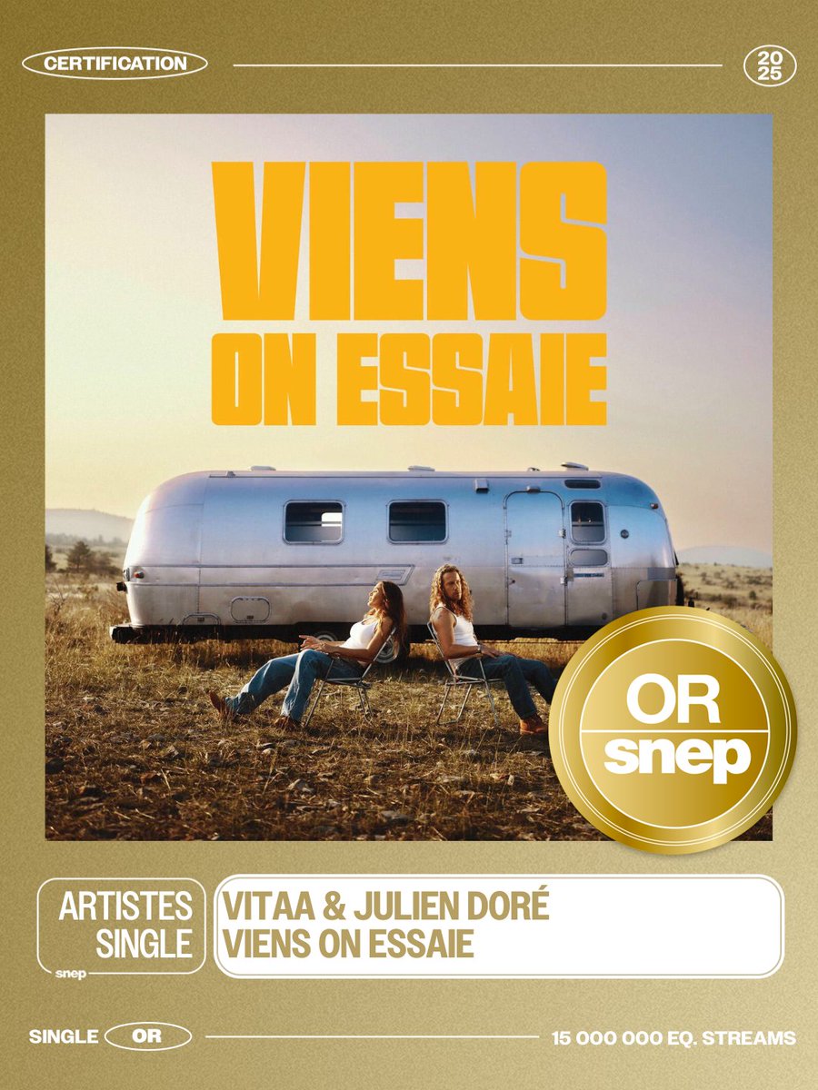 Le titre « Viens on essaie » de Vitaa &amp; Julien Doré est certifié Single Or ! 📀

15 000 000 équivalents streams 🎧

Bravo ! 👏