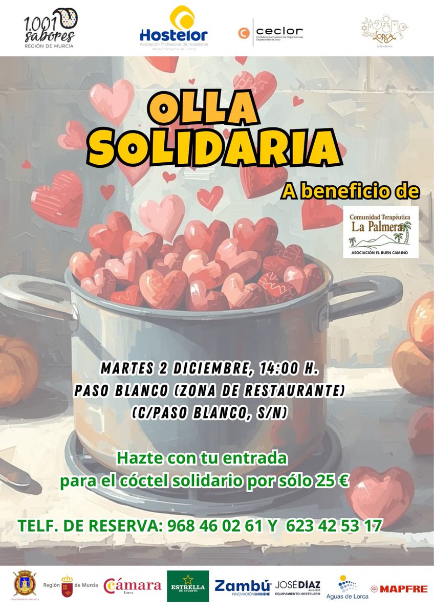 🥘 No te pierdas la Olla Solidaria que hemos organizado junto a <a href="/Hostelor/">Hostelor</a> para recaudar fondos destinados a la asociación El Buen Camino

📍Mañana, 2 de diciembre a las 14:00h, Paso Blanco (Zona de Restaurante)

☎️ Haz tu reserva: 968460261 y 623425317

👏 ¡Te esperamos!