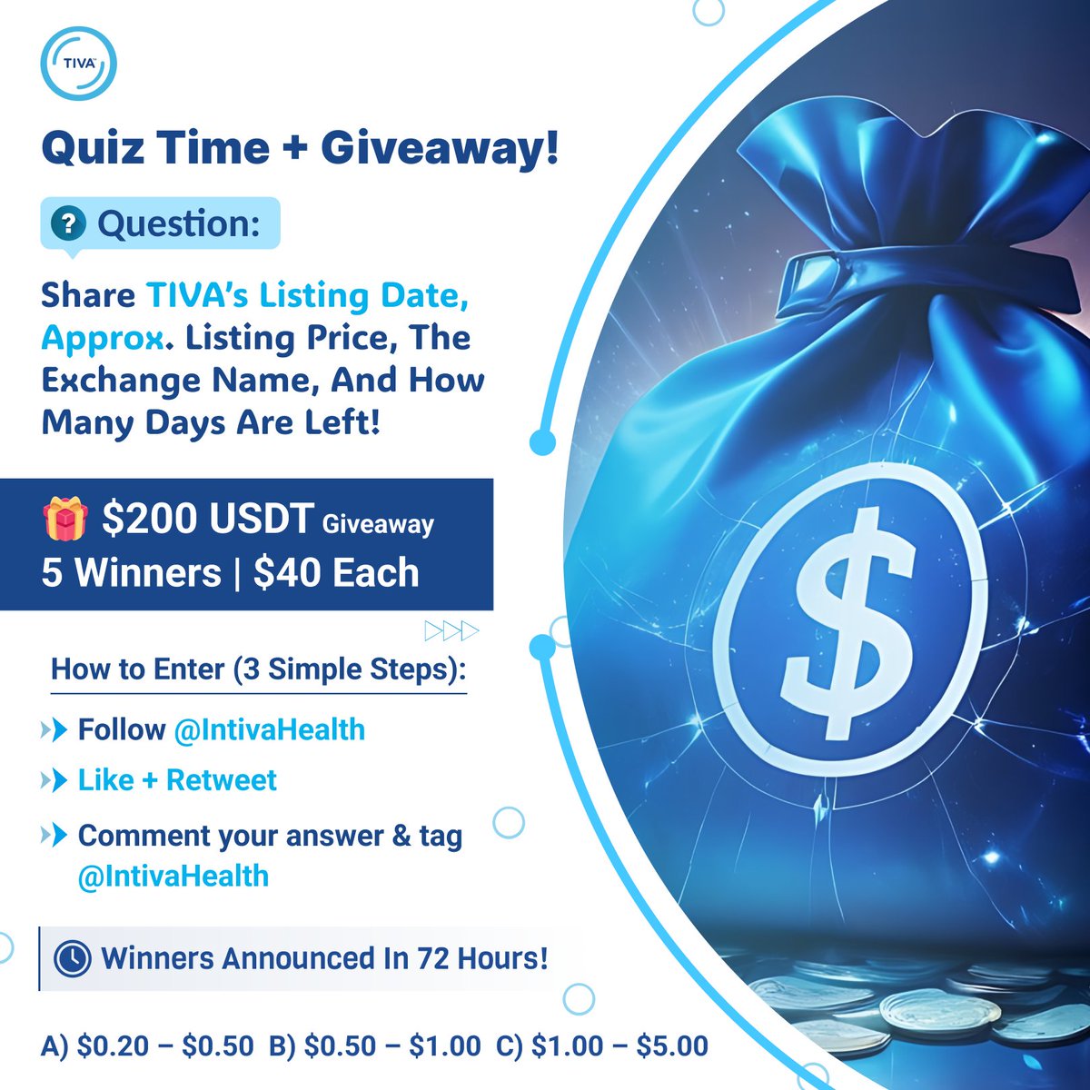 IntivaHealth's tweet image. 🚀 Quiz Time + Giveaway! 🚀

⏳ Winners announced in 72 hours
👑 5 Winners — $40 Each 💸
🔐 Question:
💬 Share TIVA’s listing date, approx. listing price, exchange name, and how many days are left! 👇

✅ How to Enter:
1️⃣ Follow @IntivaHealth 
2️⃣ Like ❤️ + Retweet 🔁
3️⃣ Comment…