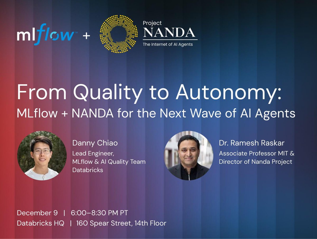 MLflow's tweet image. Developers are shifting gears from single models to full autonomous systems! Ready to master the next era of AI? 🚀

Join us on 𝗗𝗲𝗰𝗲𝗺𝗯𝗲𝗿 𝟵 as we deep-dive into two critical pillars powering this transition:
🔹 𝗠𝗟𝗳𝗹𝗼𝘄 𝗚𝗲𝗻𝗔𝗜: Essential for evaluation,…