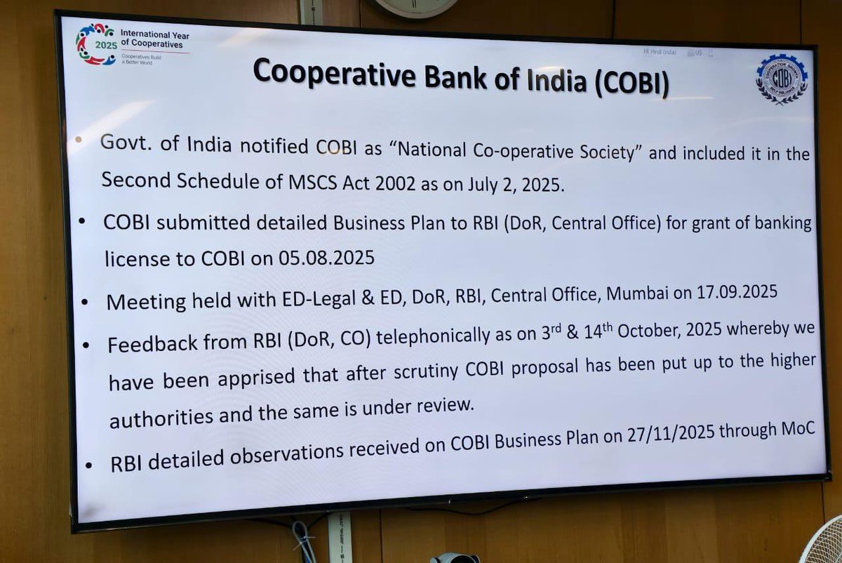 MinOfCooperatn's tweet image. Dr. Ashish Kumar Bhutani, Secretary, Ministry of Cooperation, chaired a meeting with the Officers of the Cooperative Bank of India Ltd. (COBI) on 1st December 2025 at Atal Akshay Urja Bhawan, New Delhi, to discuss matters pertaining to its banking licence.

The discussions…