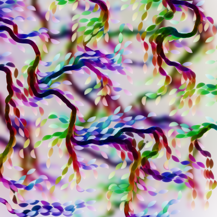 Hau_kun's tweet image. setup=_=&amp;gt;{createCanvas(W=720,W)
colorMode(HSB)
noStroke()
background(W);
[0,99,6].map(s=&amp;gt;{for(y=!filter(BLUR,s);y&amp;lt;W;y+=35)for(x=W;X=x-=40;)for(d=!(Y=y);d++&amp;lt;90;)fill((N=noise(X/99,Y/99,s/99))*W%360,d*3,99-d,.4)+circle(X+=cos(N*=9)*3,Y+=sin(N)*3,sin(d/4)*15)})}
#つぶやきProcessing