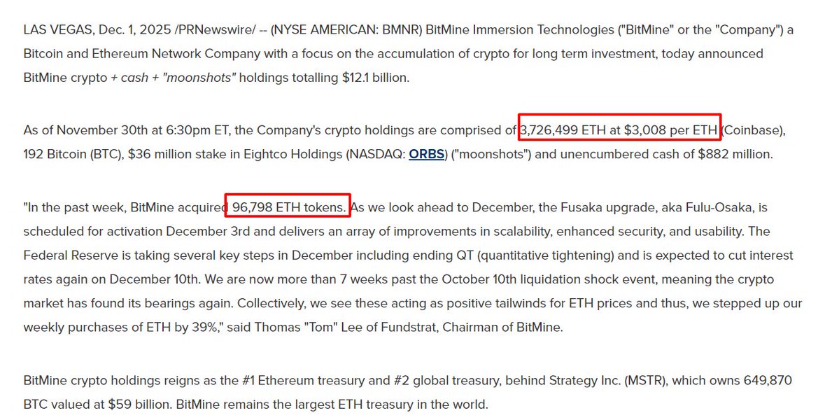 BitMine ETH 持仓公告新闻稿