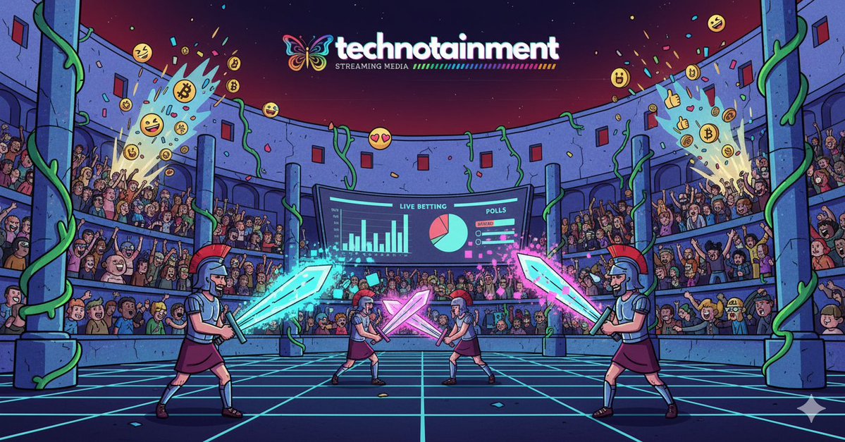 tuxxG19's tweet image. @_technotainment unveils a cyber-fantasy arena where holographic gladiators battle across blockchain-built coliseums, AI avatars cheer beside real fans, and every clash, vote, and reward becomes part of an immersive, interactive digital entertainment experience.