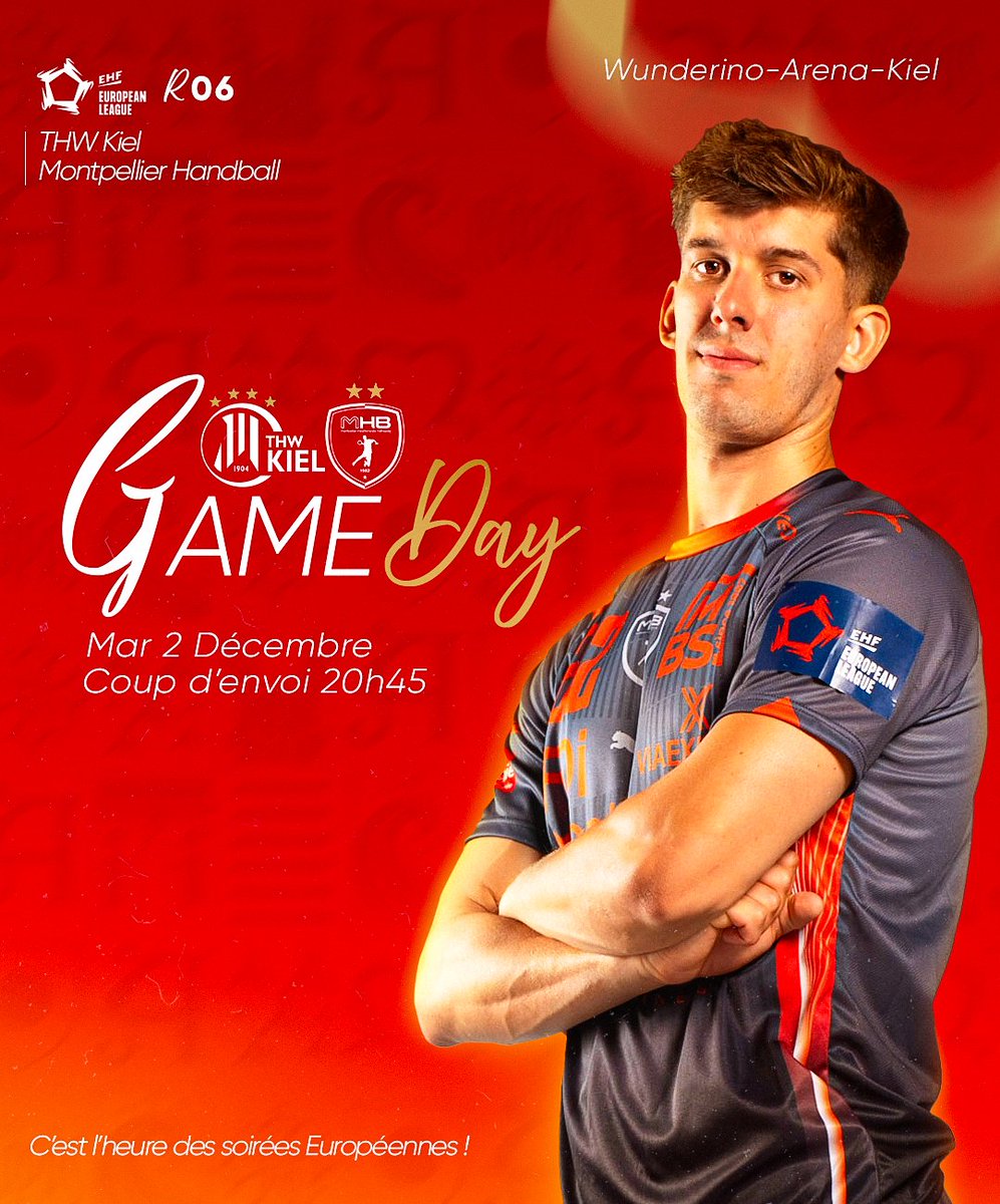 #GameDay 🤾🏻‍♂️🔥
🏆 R6 | <a href="/ehfel_official/">EHF European League</a>  
🆚 <a href="/thw_handball/">THW Kiel</a> 
⏰ 20h45
📍 Wunderino Arena
📺 <a href="/Eurosport_FR/">Eurosport France</a>  et sur les écrans du FDI Stadium pour votre afterwork handball à partir de 19h !

𝘼𝙡𝙡𝙚𝙯 𝙡𝙚 𝙈𝙃𝘽 ! 🧡