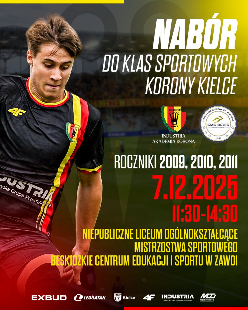 [AKADEMIA] Marzysz o grze w żółto-czerwonych barwach?⚽

Akademia Industria Korony Kielce ogłasza nabór do drużyn z roczników 2009-2011!💪

Chcesz się rozwijać, trenować w profesjonalnych warunkach - dołącz do nas!🟡🔴

Więcej👉bit.ly/Nabory-Zawoja-…
__
<a href="/SGP_INDUSTRIA/">ŚGP INDUSTRIA</a> #Industria