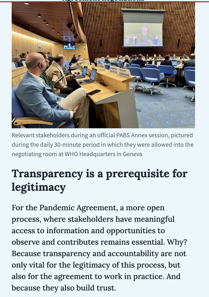 📢The fourth meeting of the Intergovernmental Working Group (IGWG4) to develop Pathogen Access and Benefits Sharing (PABS) Annex for the #pandemictreaty kicked off today.

🕰️The meeting runs from 1 to 5 December.  

🚪Stakeholders will be left out of the room (again).

🧵