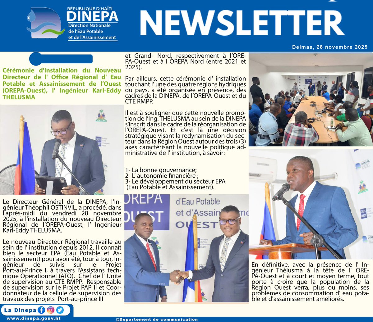 DINEPA's tweet photo. Cérémonie d'Installation du Nouveau Directeur de l' Office Régional d' Eau Potable et Assainissement de l’Ouest (OREPA-Ouest), l' Ingénieur Karl-Eddy THELUSMA https://t.co/VPZDwxK7NC
