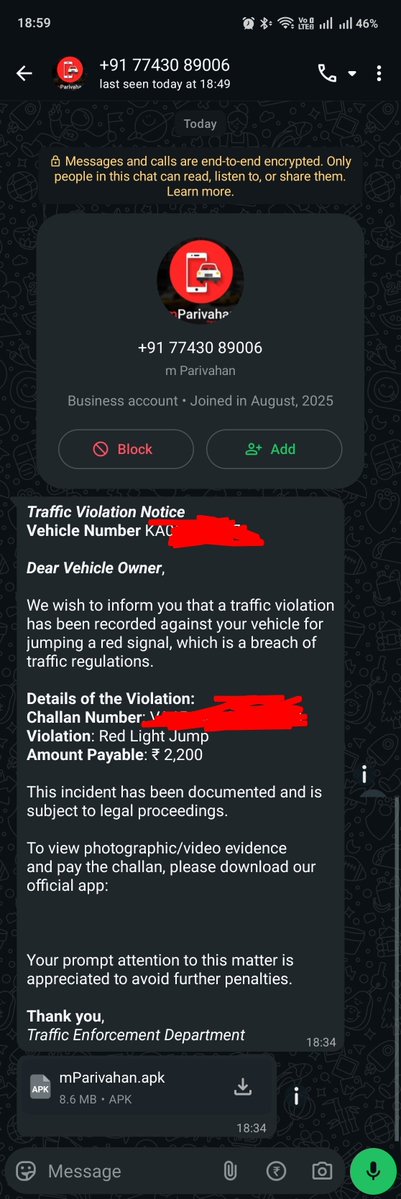 jackerhack's tweet image. That&apos;s my vehicle number and I&apos;ve driven 400 km in the past week, more than my average quarter, so this got my attention – but really? With an APK attachment? We&apos;ve normalised sideloading this much?

Govt innovation in coercion 🤝 Fraudsters