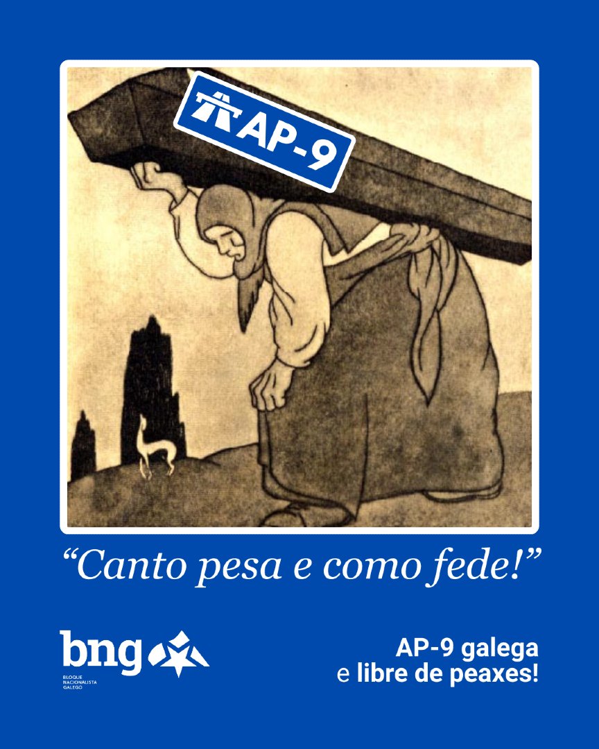 obloque's tweet image. A nova suba das peaxes da AP-9 segue a pesar como unha lousa no peto das galegas e dos galegos. Os descontos conseguidos polo BNG supoñen un alivio moi importante, mais non nos conformamos. Seguiremos traballando para conseguir unha AP-9 GALEGA E LIBRE DE PEAXES!
