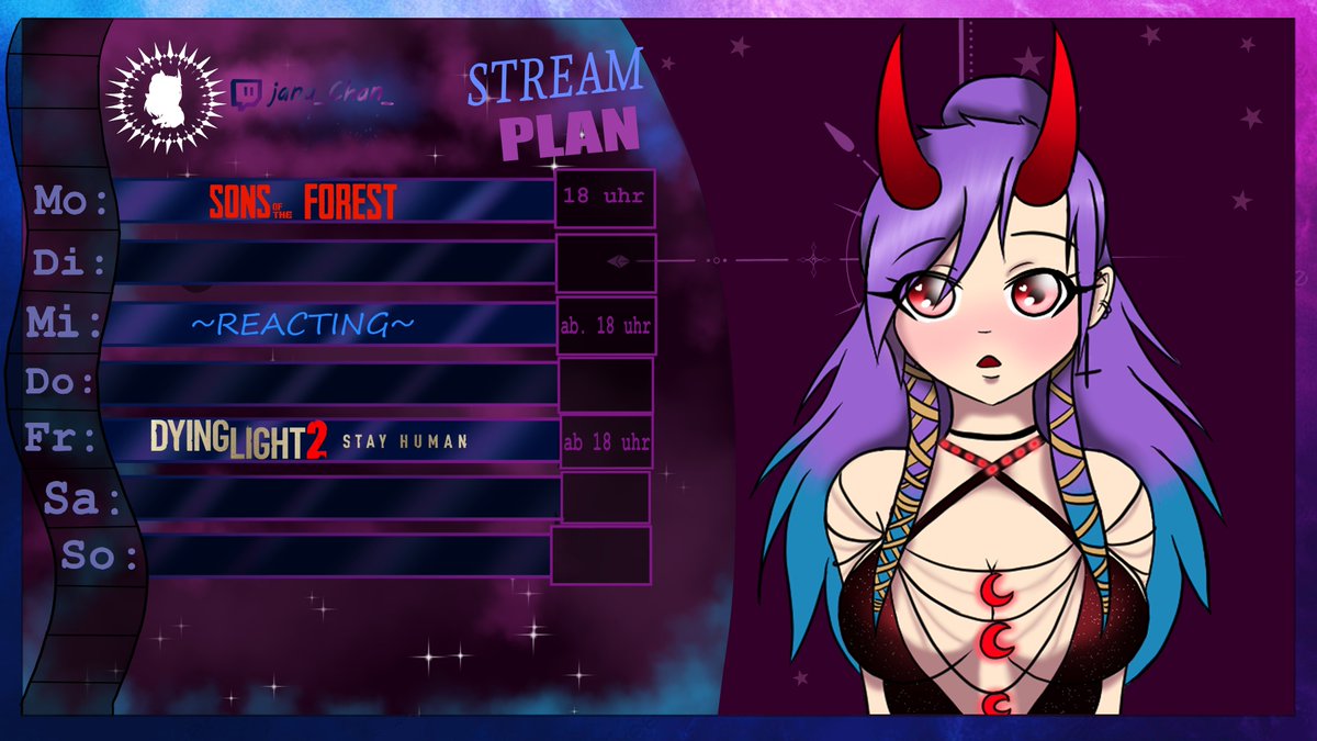 mein stream plan für die woche

Mo: ab 18.30 Uhr: Sons of the Forest  

Mi: ab 18 uhr: das erste mal Reacting! mit meiner zicke 

Fr: Dying light 2: stay human, mit meiner zicke

(wenn es ideen zum reacten gibt, gerne vorschlagen freue mich über jeden vorschlag^^)