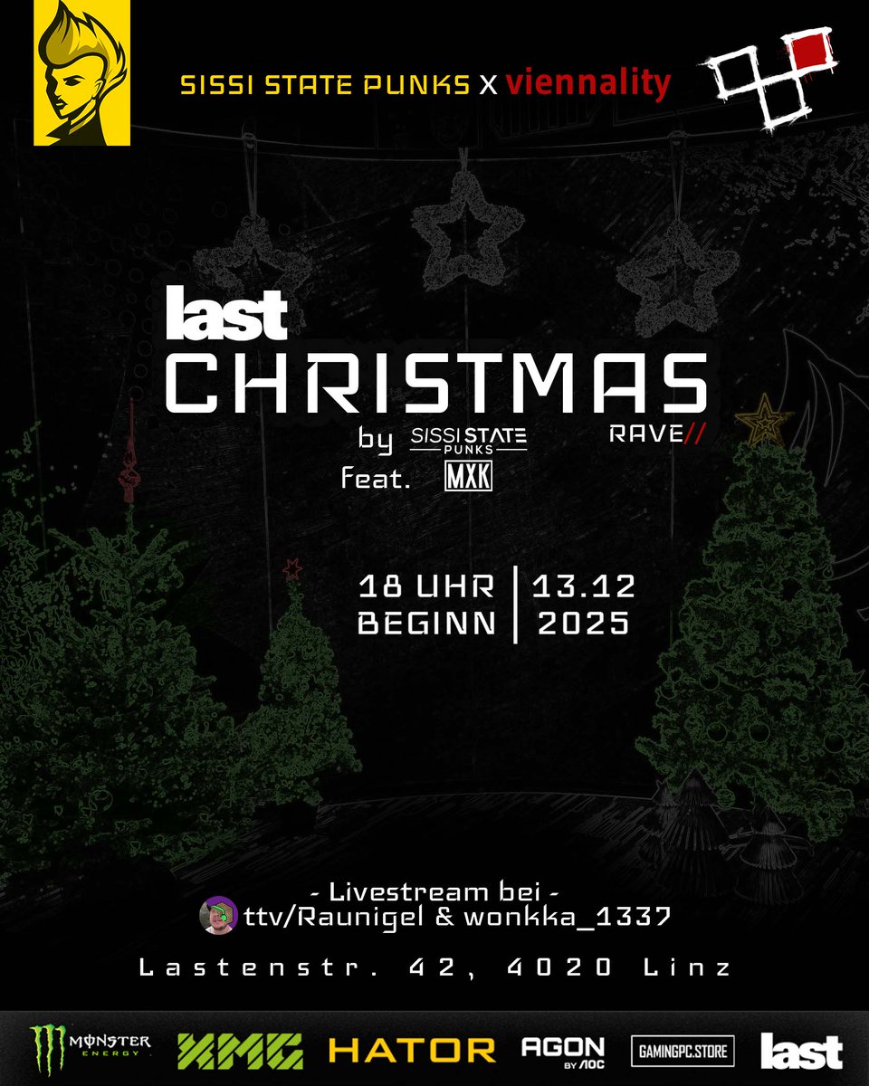 Das Jahr neigt sich dem Ende zu – und wir lassen es richtig krachen! 💥
Gemeinsam mit <a href="/mxk/">may jk</a>.dance organisieren wir ein Christmas Rave voller Lichter, Beats und weihnachtlicher Eskalation. 🎄⚡️
Das Ganze wird zudem live gestreamt auf den Kanälen von <a href="/wOnkka1337/">wOnkka1337</a> und <a href="/raunigel/">Raunigel</a>, wo