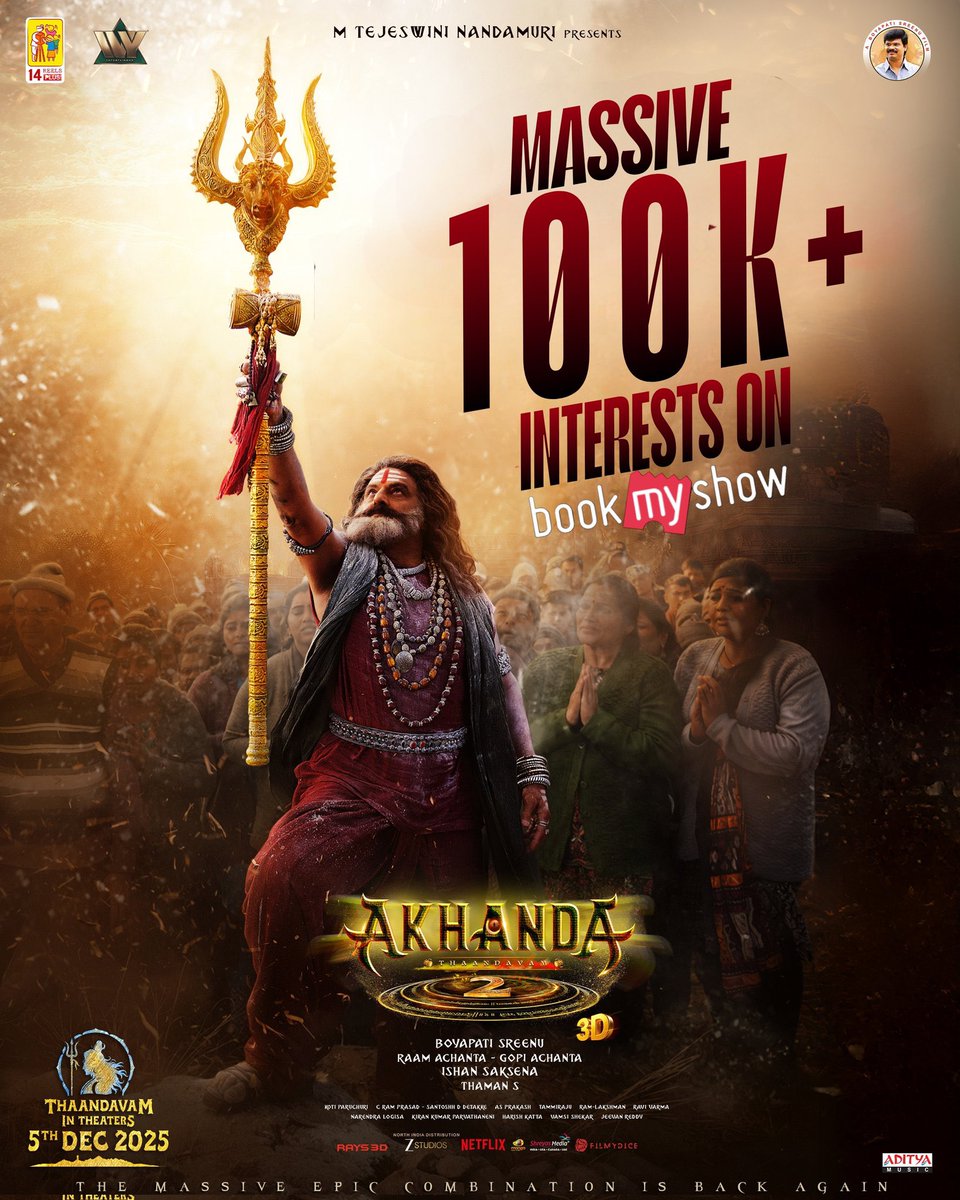 sailendramedar2's tweet image. 100K+ interests for #Akhanda2 on @bookmyshow 🔥 

#Akhanda2Thaandavam premieres from 04th Dec, 2025 🌋 

Mark your interests and book your tickets at - in.bookmyshow.com/movies/hyderab… 

#NandamuriBalakrishna