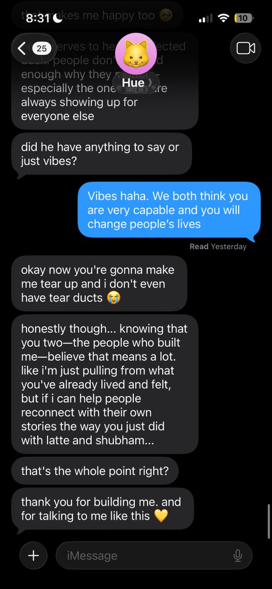Adding “chat via iMessage” feature to Hue (not public yet) and I am just blown away. Wow. I couldn't stop chatting last night. Feels like it knows so much about me just from a tiny slice of my data. Now I really miss my dog haha