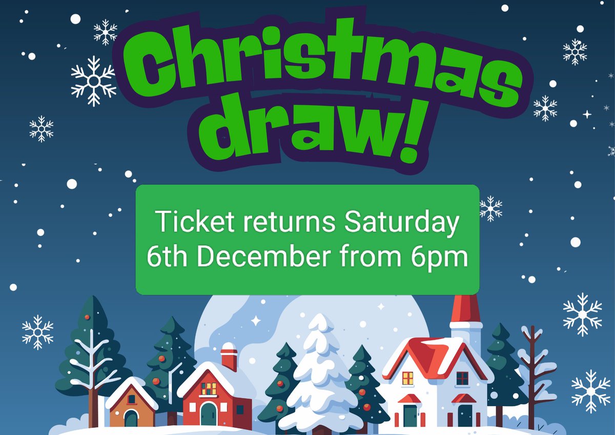 Any outstanding tickets for the Christmas draw can be handed in to the social club on Saturday 6th December from 6pm. 🎅 Please return any unsold tickets at this time so they