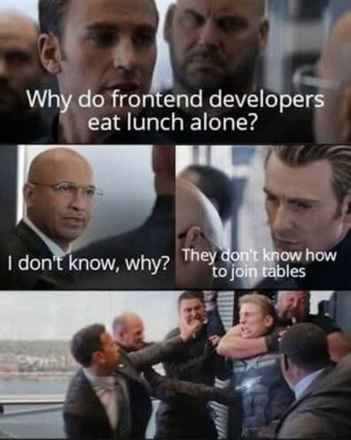 VioCodes_'s tweet image. When you tell a frontend dev to JOIN TABLES… they start adding CSS
Frontend devs when someone says JOIN TABLES… they don’t join them, they style them 😅”

Hashtags:
#ProgrammingHumor #DeveloperLife #WebDev #FrontendDeveloper #BackendDeveloper #SoftwareEngineering #CodingLife