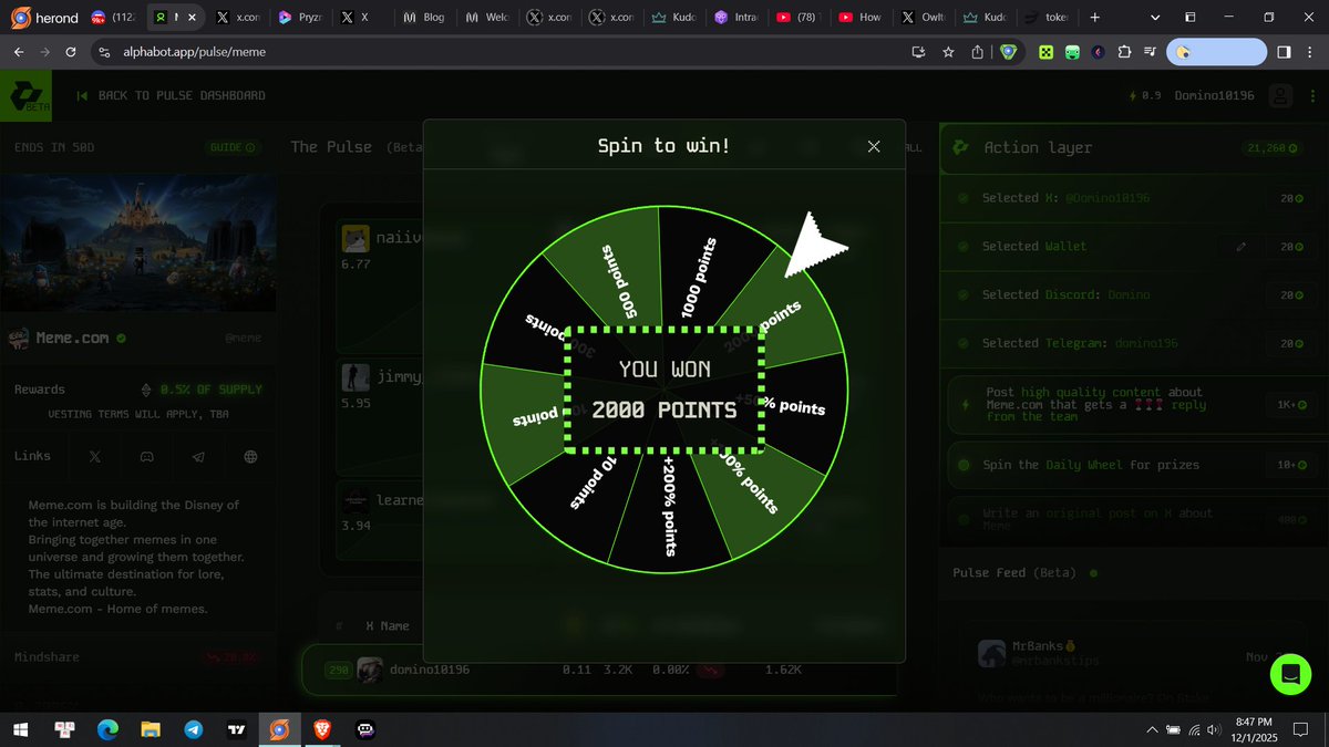 Domino10196's tweet image. First time earn maximum point with spin @meme 
welldone
#meme #pulseinfra @PulseInfra