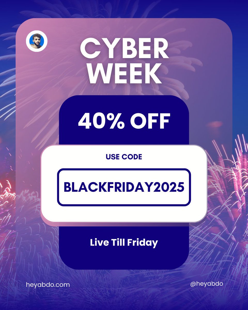 Abdokarmallah's tweet image. ⚡ Cyber Week Special

All my Notion templates are 40% OFF

What’s on sale:
🔵 Startup OS
🔴 HR Hub
🟠 Consulting OS
🟡 Reading OS
🟢 Podcast OS
⚪ Airbnb OS
…and tons more

No countdown, no hype just a great deal for the week.

⏳ Offer live till Friday
🔑 Code: BLACKFRIDAY2025