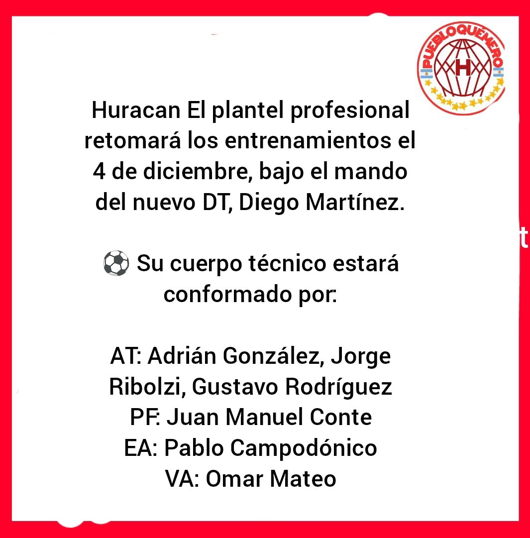 puebloquemero's tweet image. #Huracan 👉 Huracán  el plantel profesional vuelve a los entrenamientos el 4 de Diciembre 
seguínos puebloquemero 
#VamosGlobo #elglobo
#HuracánYNadamas
@CAHuracan @ElOjo_Huracan
@73afernandez @Patrici42719114 @LaVozQuemeraOK@Quemeros_ @Quemerizados