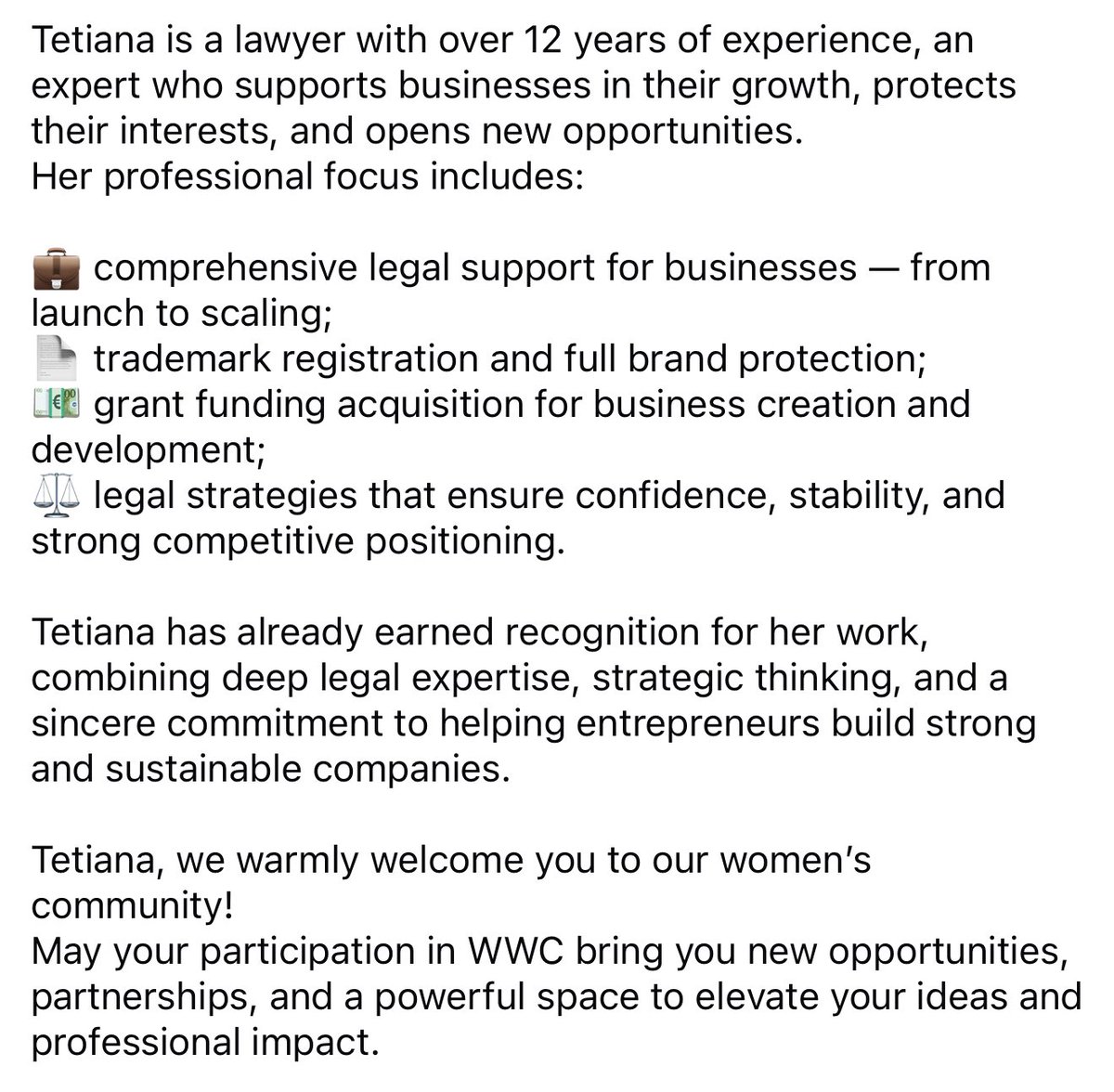 Eurowoman_FORUM's tweet image. Dear #WWC members,

We are delighted to welcome a new member to our community — Tetiana Mihalush, founder of T&amp;amp;T Law Company.

We are happy to have you with us! 🌸✨
