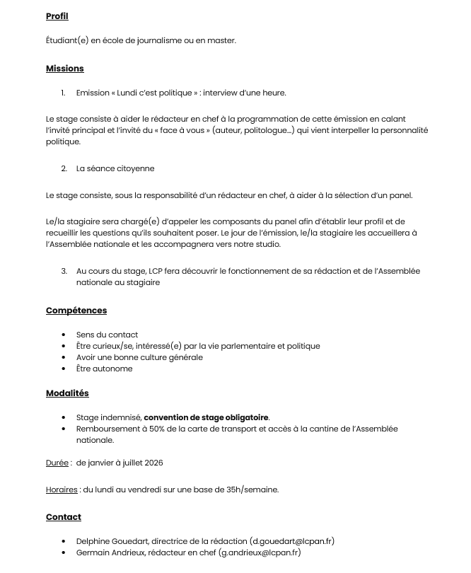 LCP's tweet image. 🔵🏛️[STAGE] La vie parlementaire et politique vous intéresse ? Rejoignez @LCP, la rédaction recherche un étudiant en école de journalisme. #DirectAN #Stage ⤵️
lcp.fr/la-chaine/fich…